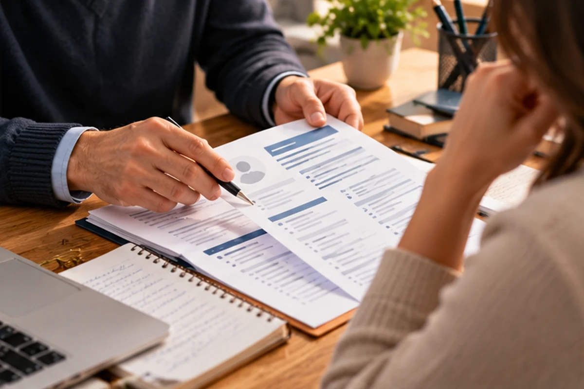 Profesional revisando junto a otra persona un currículum y las cualidades que va a recomendar