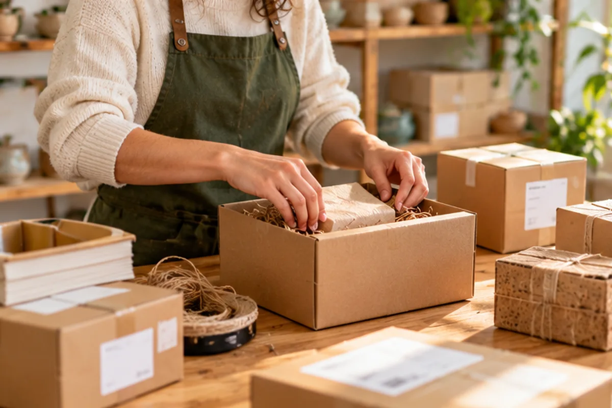 Emprendedora preparando un paquete con papel protector y cajas para organizar envíos de pedidos