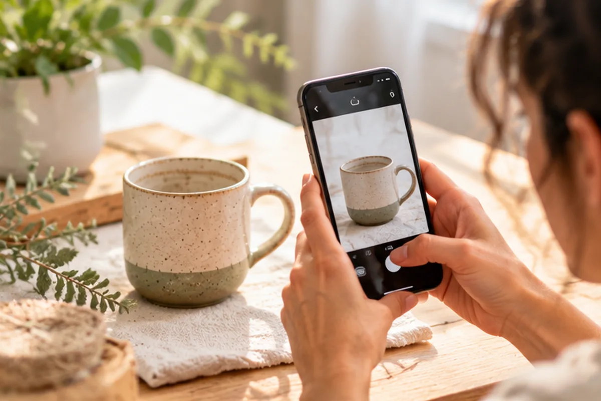 Persona fotografiando una taza de cerámica para preparar imágenes del catálogo de su tienda online