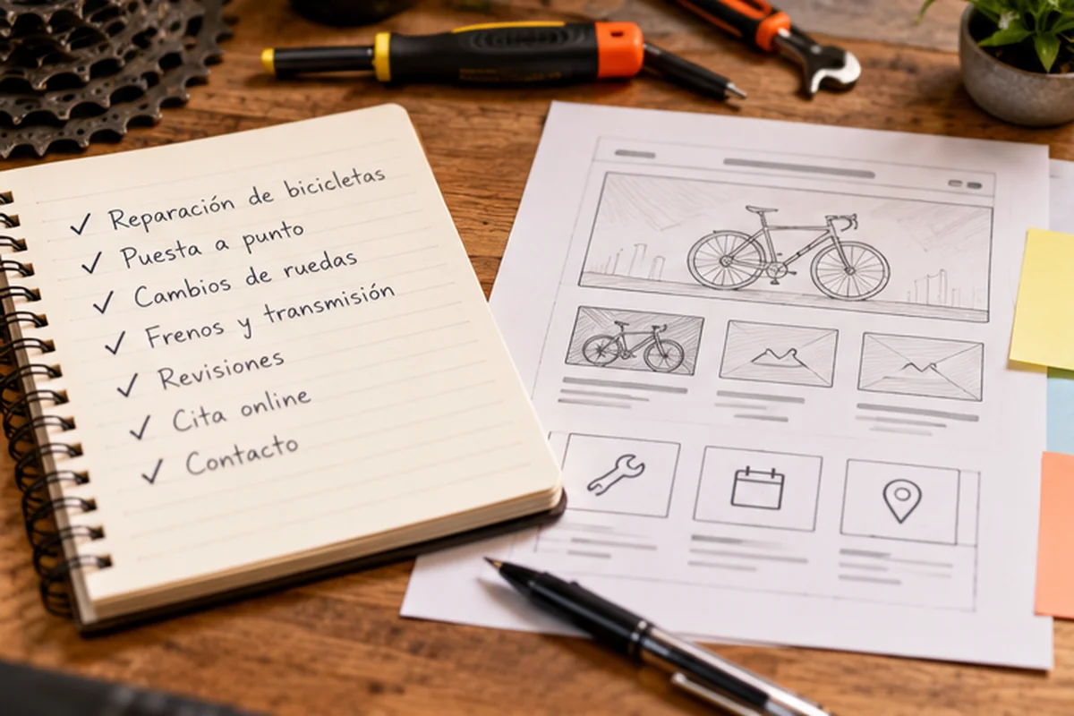 Cuaderno con servicios de reparación de bicicletas y boceto de una web de negocio con secciones y contacto