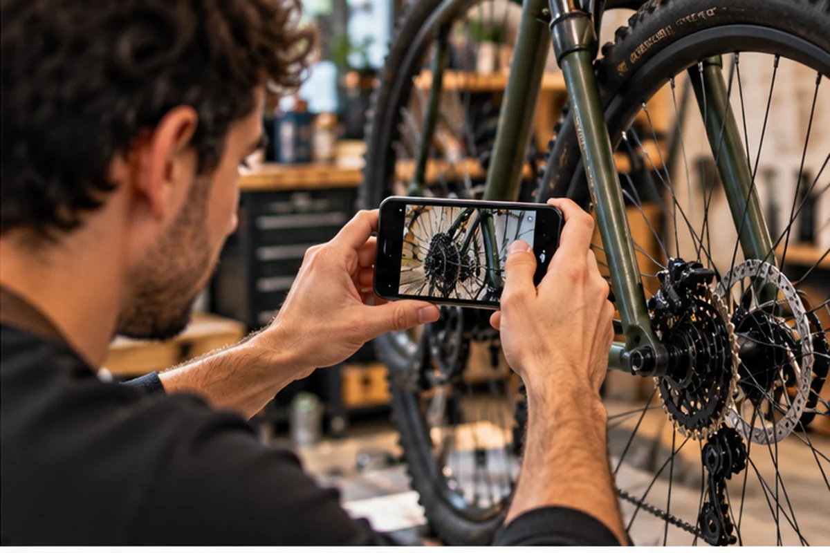 Mecánico de bicicletas fotografiando una rueda para mostrar trabajos y servicios en su página web
