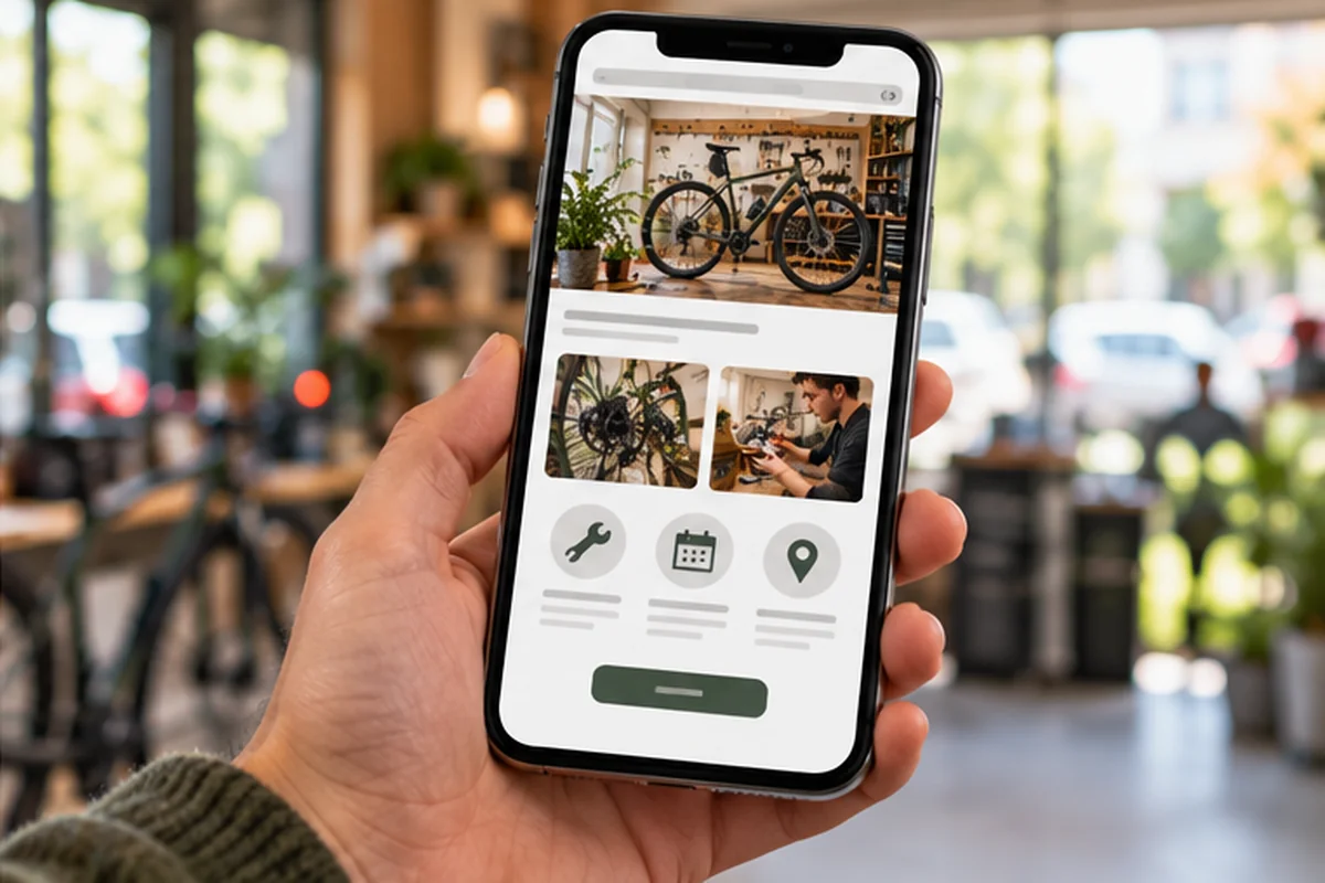 Teléfono mostrando un diseño ilustrativo de web para taller de bicicletas, con servicios e iconos de contacto