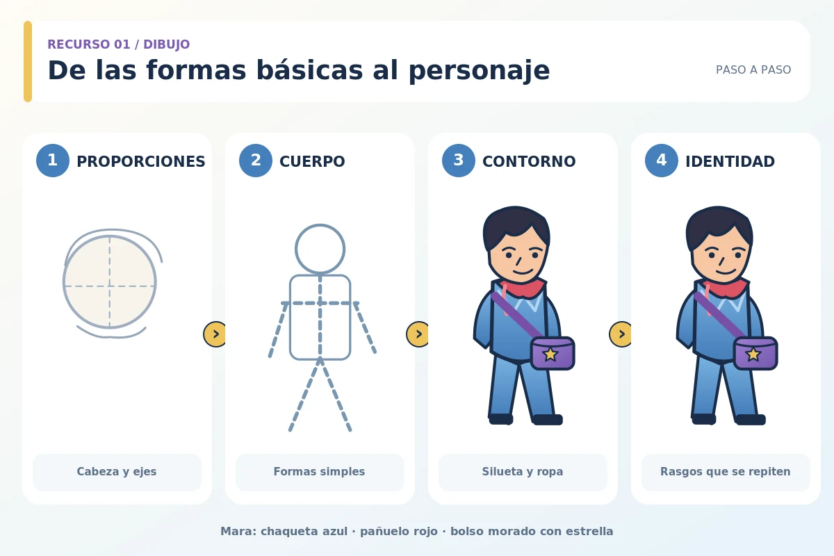 Etapas para dibujar a Mara con formas básicas, chaqueta azul, pañuelo rojo y bolso morado