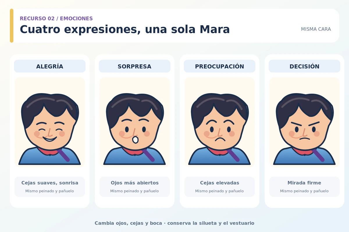 Cuatro expresiones del mismo personaje Mara: alegría, sorpresa, preocupación y decisión