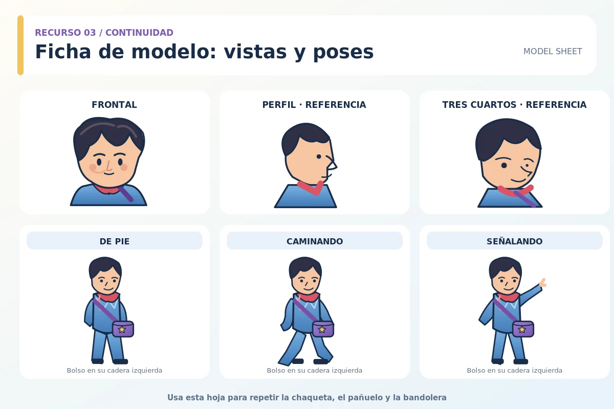 Ficha de Mara con vista frontal, perfil y tres cuartos, de pie, caminando y señalando