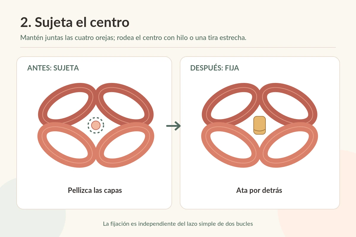 Esquema de cuatro bucles antes y después de fijar el centro con una tira auxiliar
