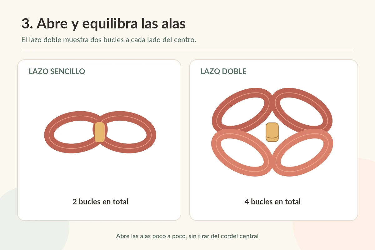 Comparación ilustrada de un lazo sencillo de dos bucles y uno doble de cuatro