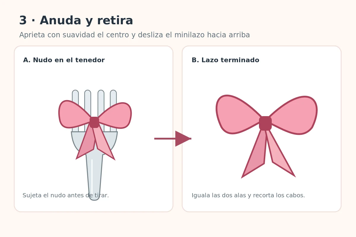 Comparación ilustrada de lazo pequeño anudado sobre un tenedor y retirado con dos orejas y dos cabos