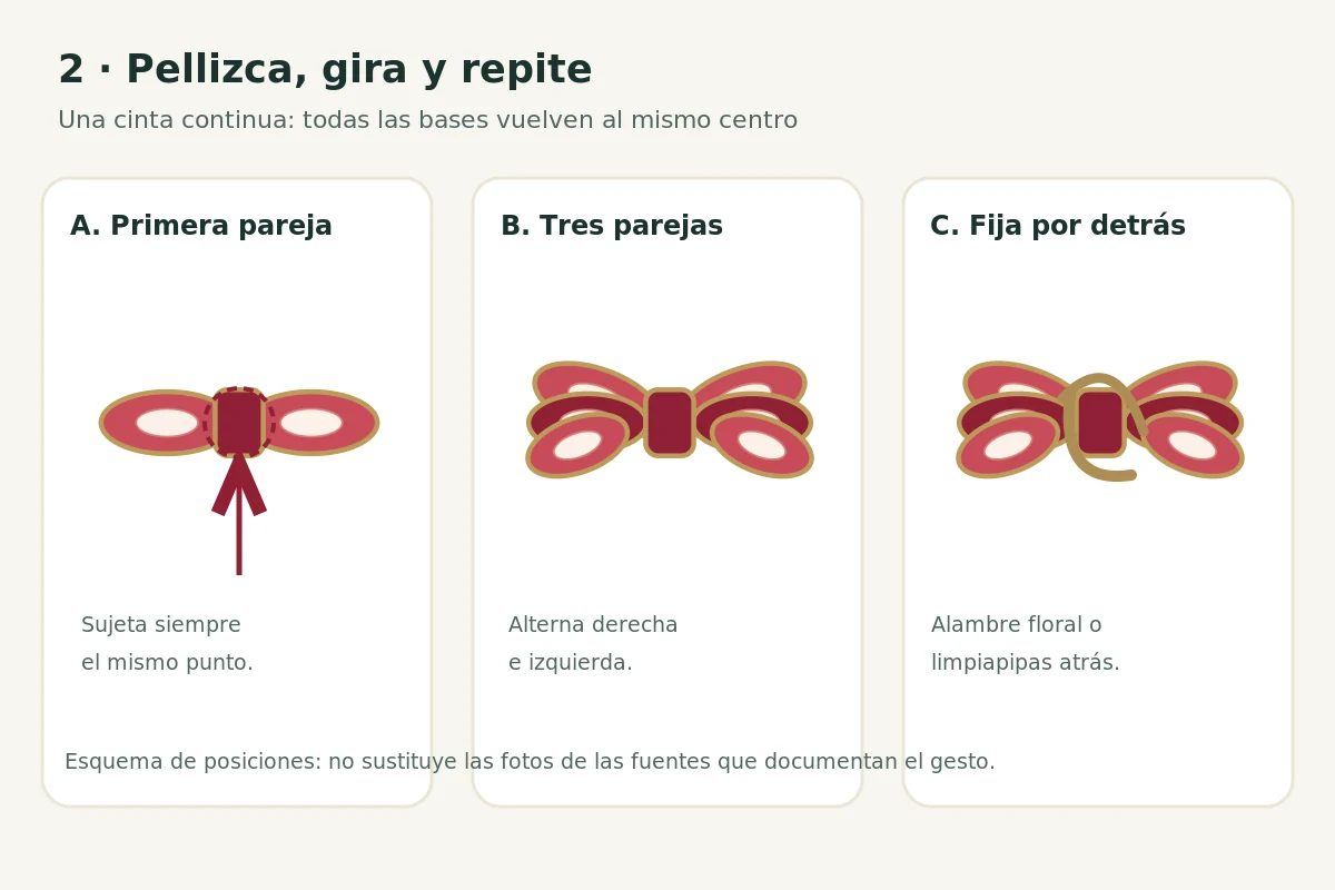 Diagrama de cómo formar tres parejas de bucles y asegurar el centro del lazo navideño