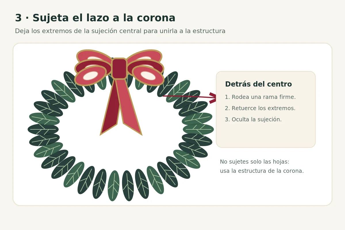 Esquema de la sujeción posterior del lazo de Navidad a la estructura de una corona