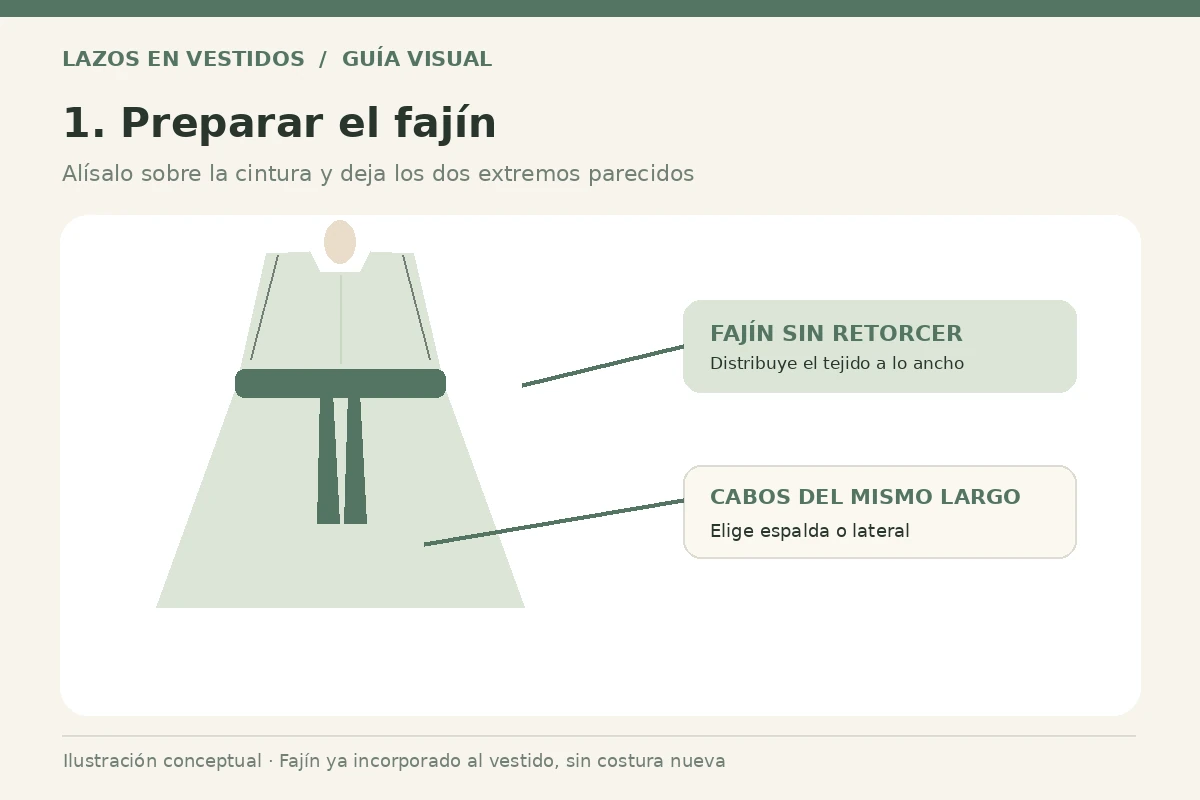 Esquema de un vestido con un fajín plano y los dos extremos de longitud similar