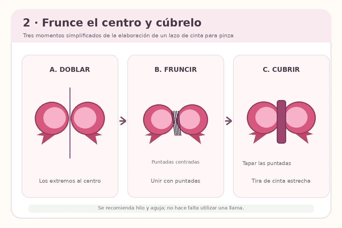 Esquema de tres etapas: doblar cinta, fruncir centro con hilo y cubrir la unión con cinta estrecha