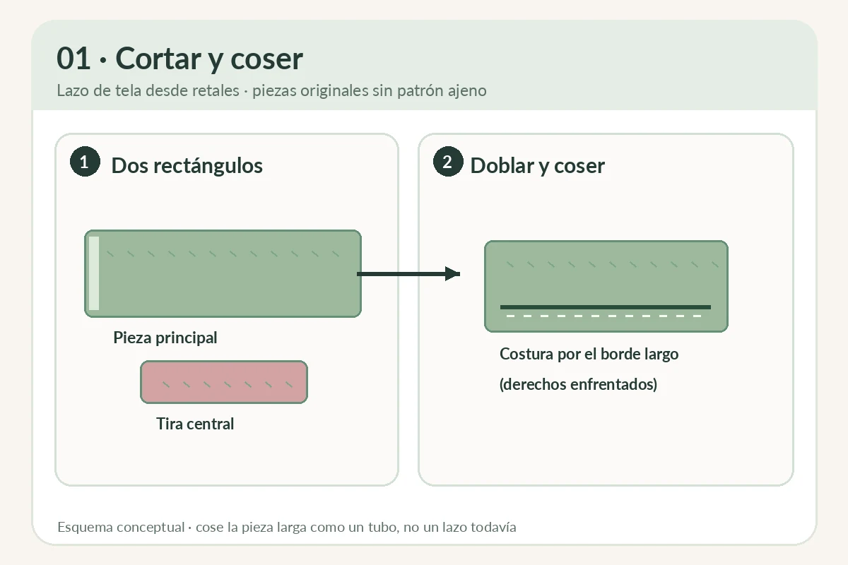 Diagrama de dos rectángulos de tela y costura por el borde largo para formar un tubo