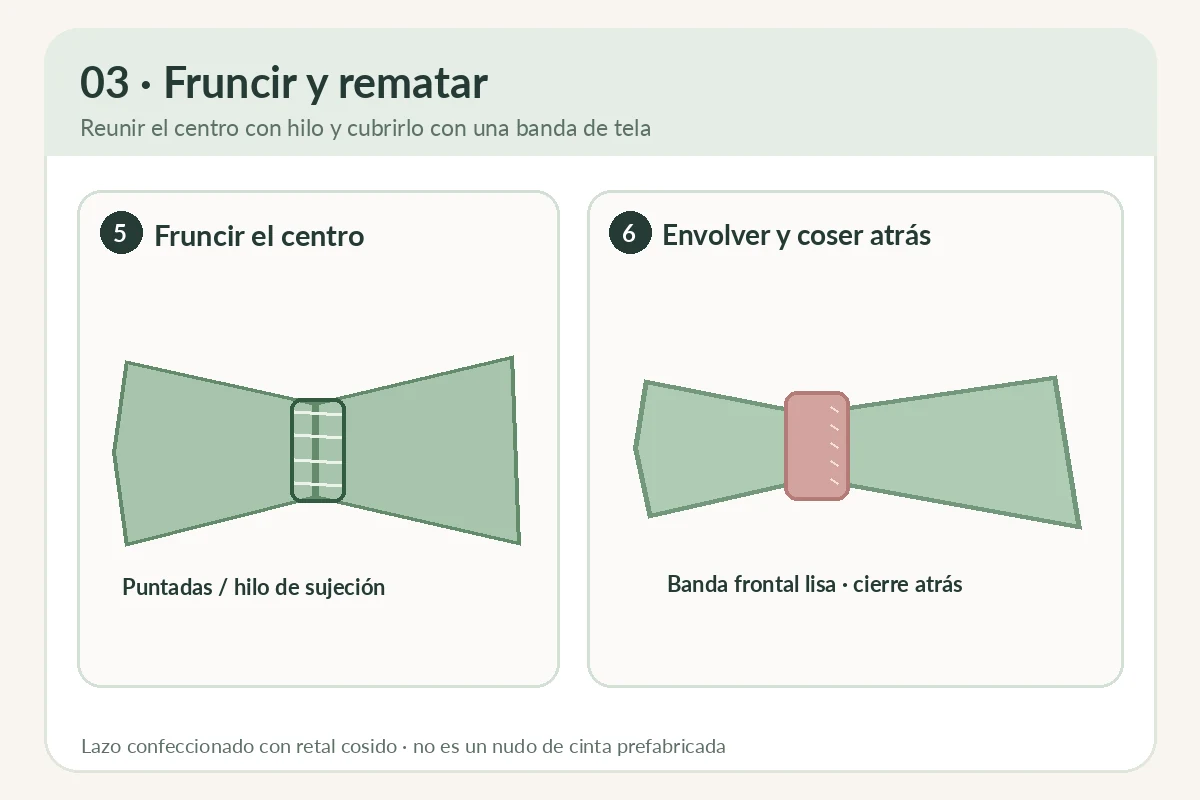 Infografía del fruncido del tubo de tela y colocación de una banda cosida en su centro