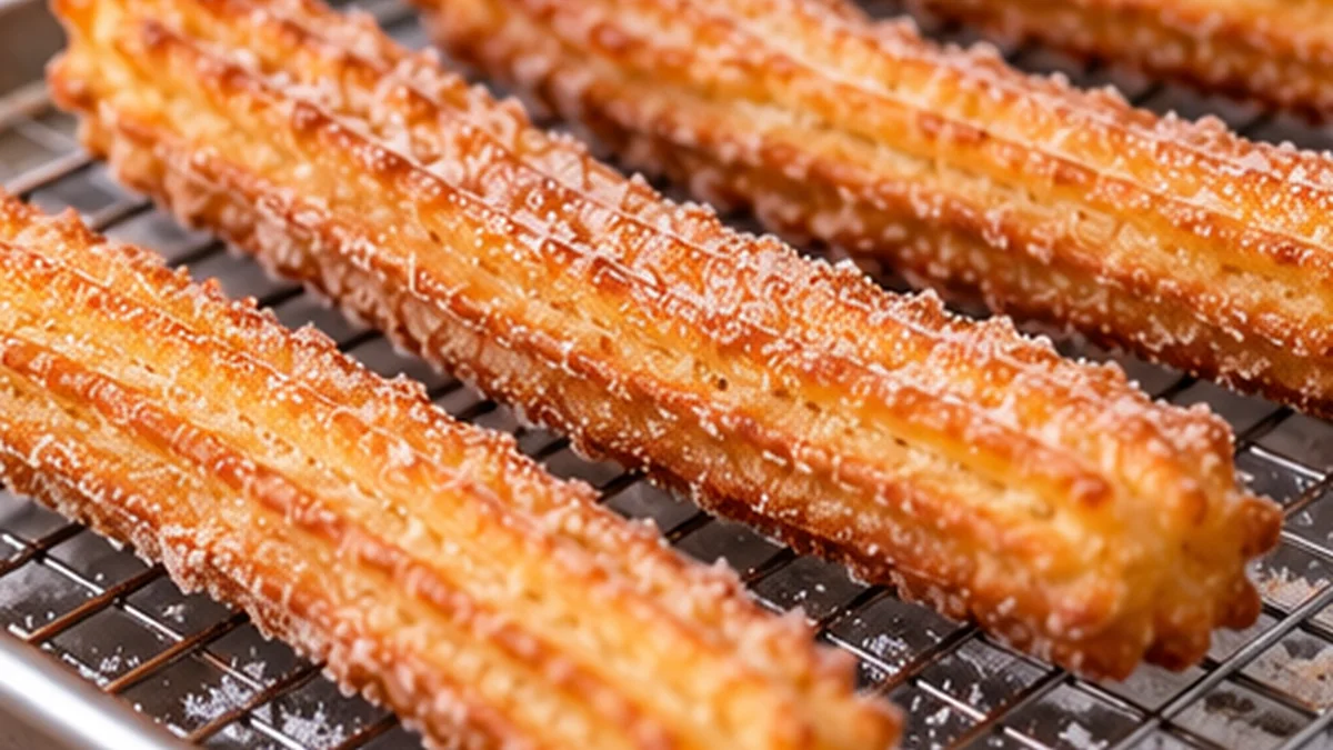 Churros dorados escurriendo sobre una rejilla después de freír