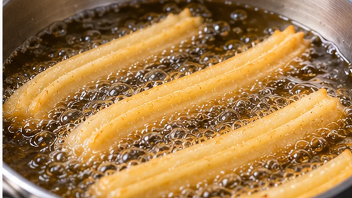 Tiras estriadas de masa de churros friéndose en aceite caliente