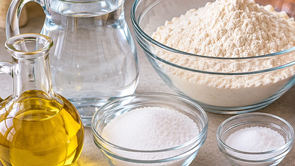 Harina, agua, sal, azúcar y aceite para preparar churros caseros