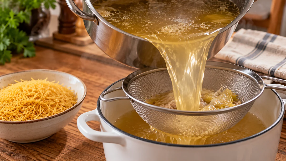 Caldo dorado de cocido que se pasa por un colador antes de cocinar fideos finos
