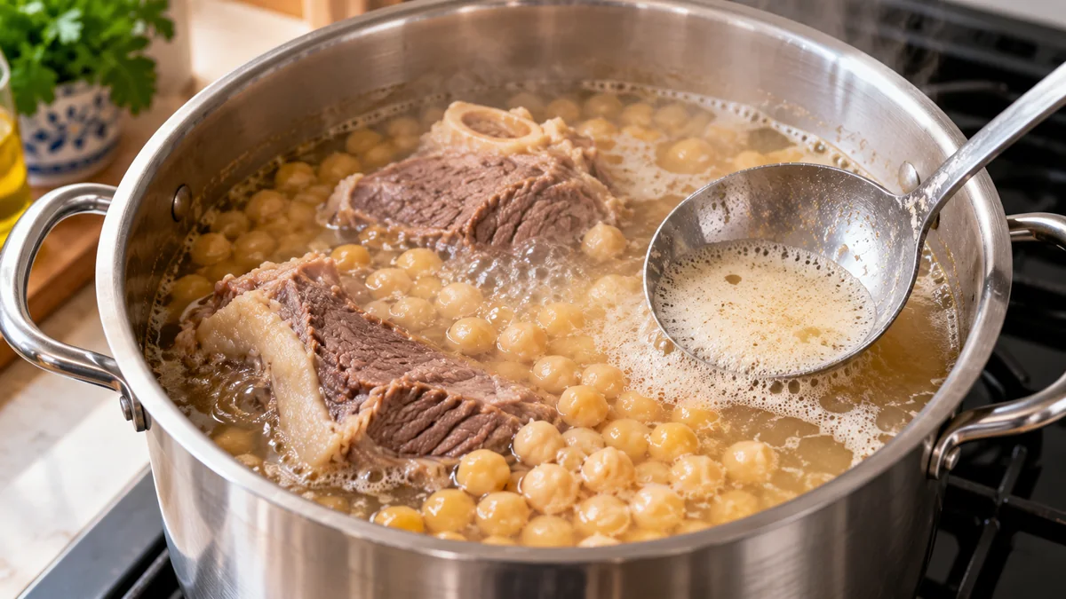 Olla de cocido con garbanzos y ternera mientras se retira la espuma de la superficie