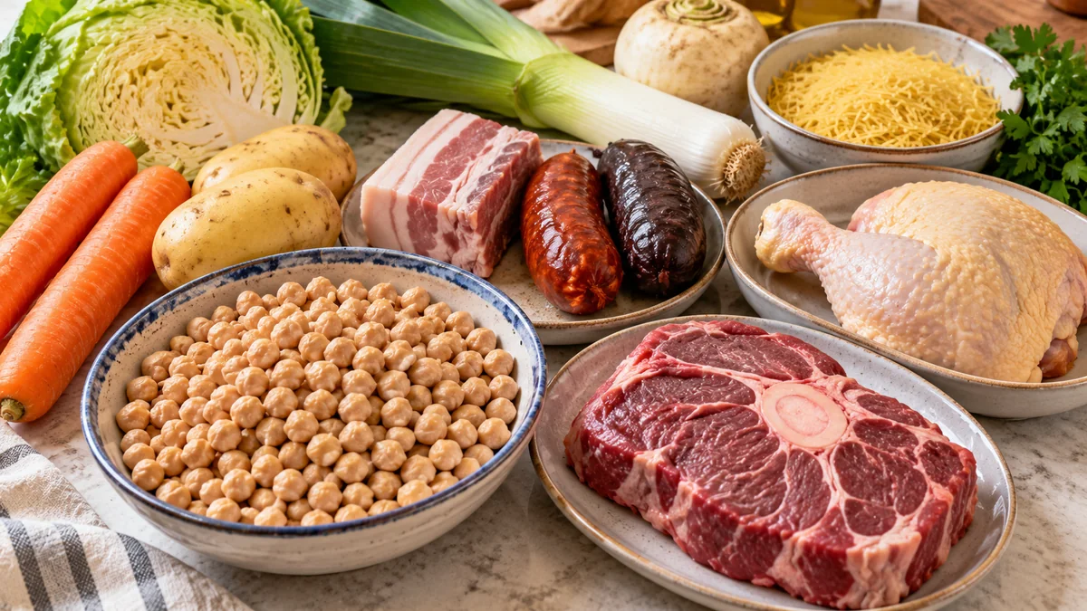 Garbanzos, carnes, verduras y fideos dispuestos por separado antes de preparar el cocido madrileño
