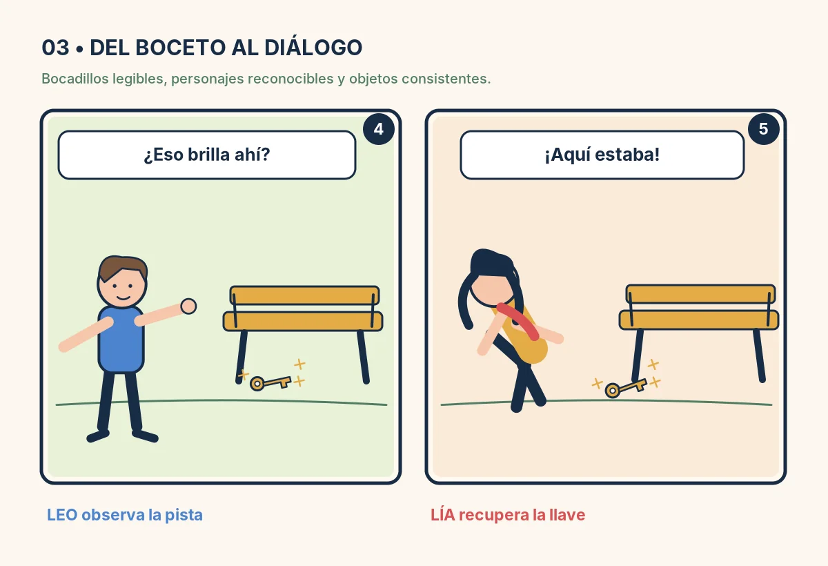 Ejemplo de diálogos de cómic: Leo señala una llave y Lía la recupera