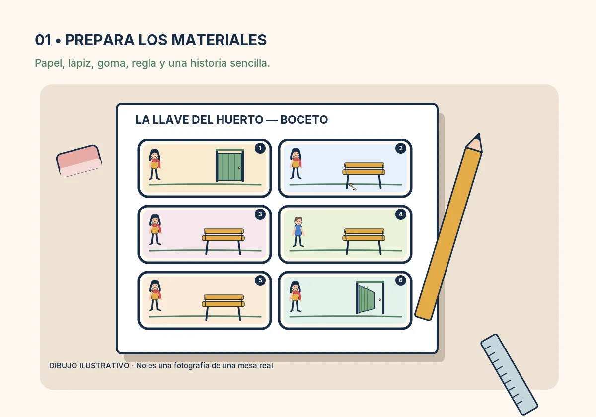Ilustración de materiales para hacer un cómic y boceto de seis viñetas