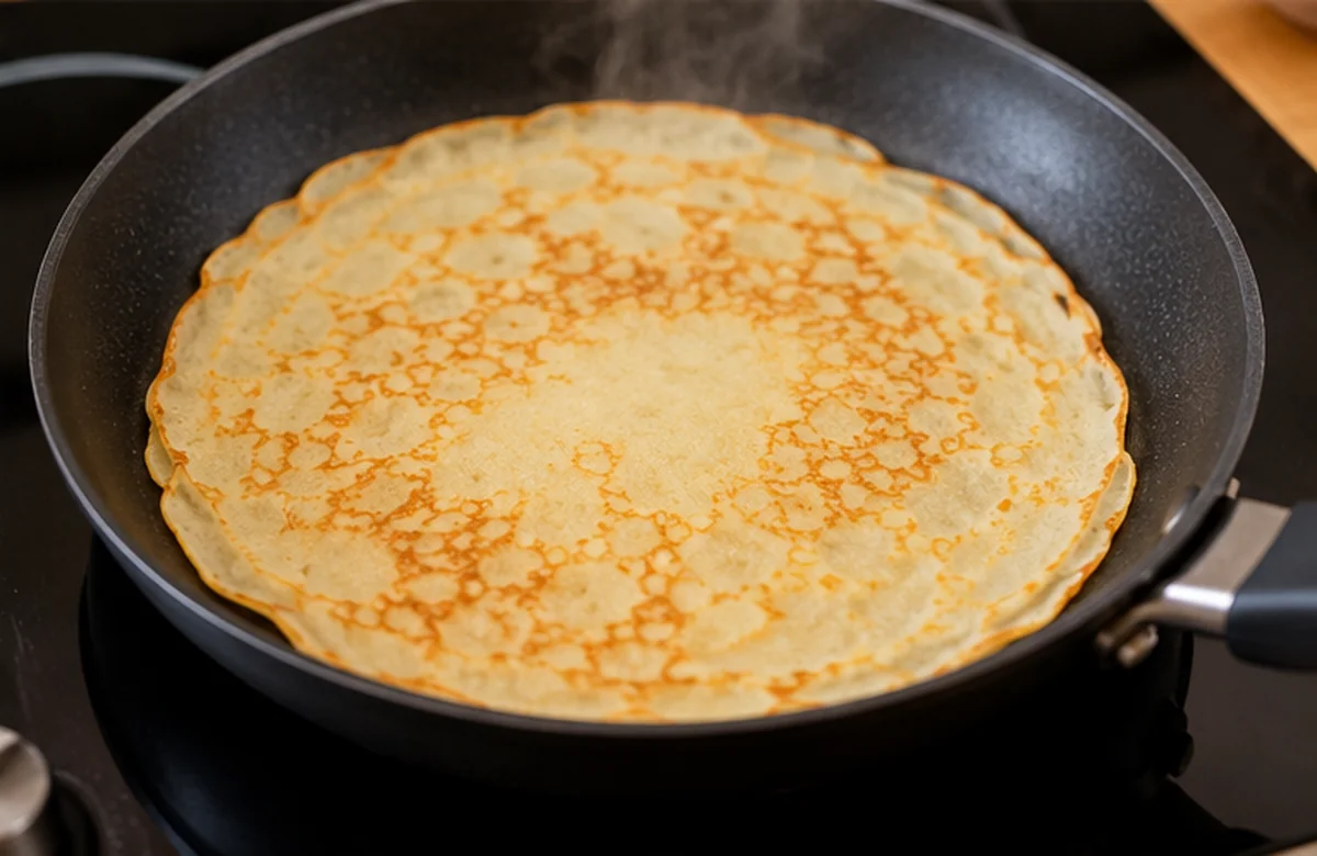 Crepe fino dorándose en una sartén antiadherente durante su cocción