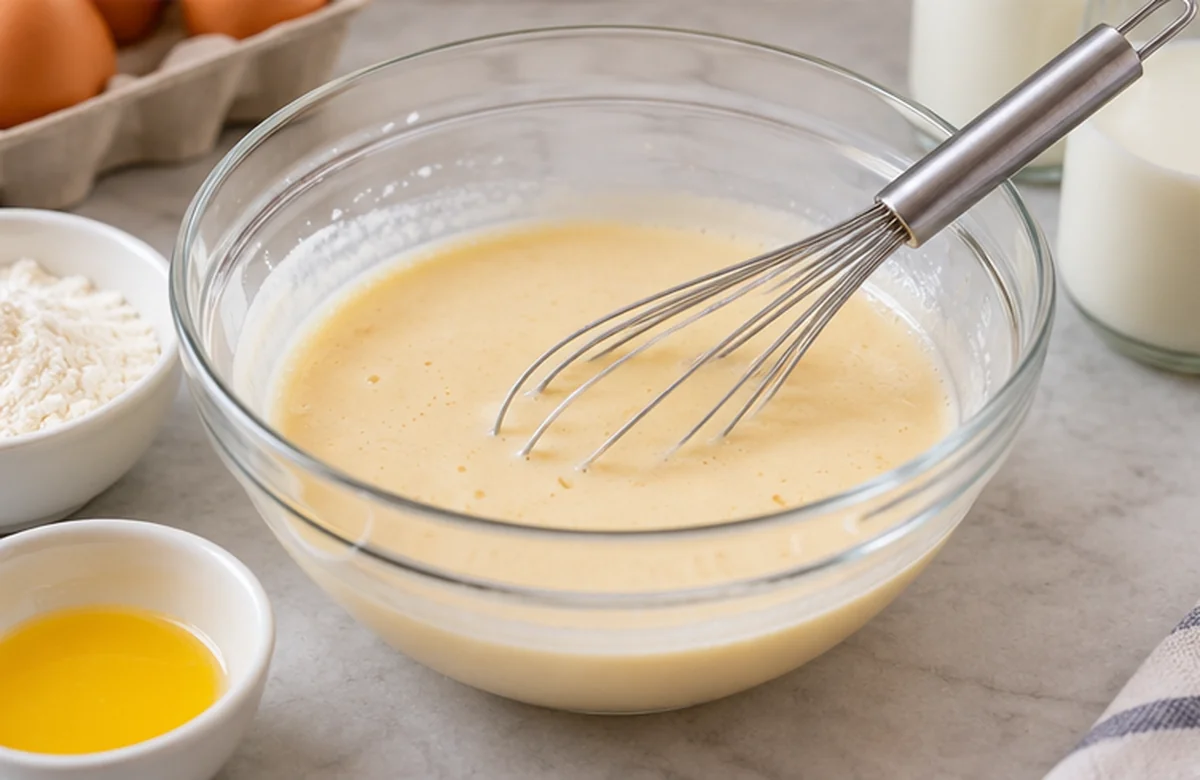Bol de cristal con masa de crepes lisa y unas varillas para mezclar