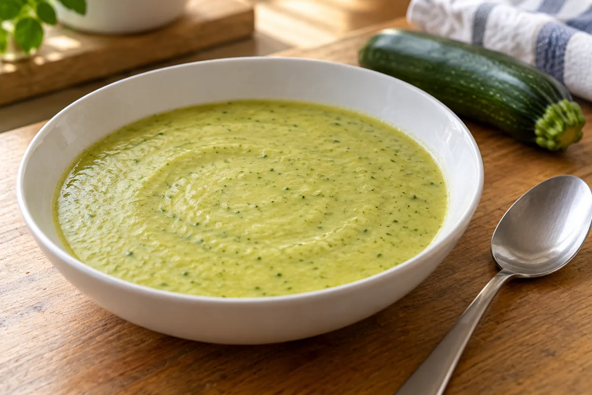 Cuenco de crema de calabacín verde suave con pequeños puntos de piel y una cuchara al lado.
