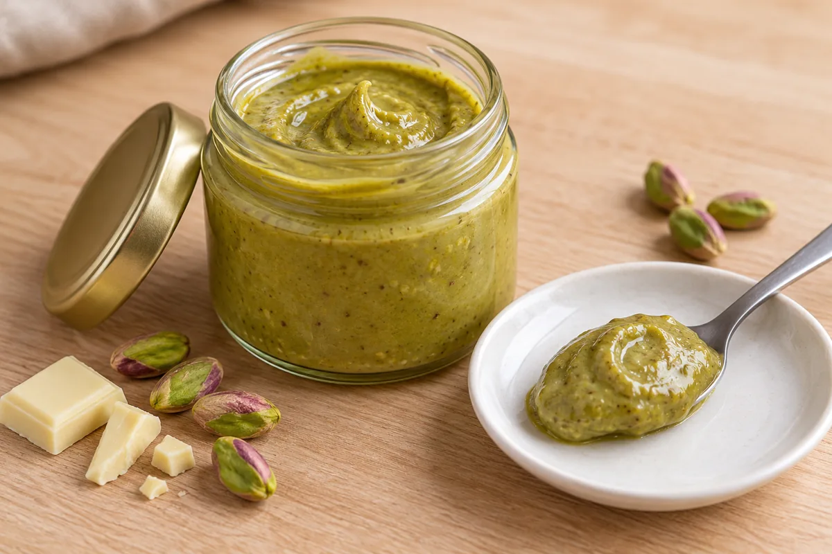 Tarro de crema de pistacho con una cucharada sobre un plato