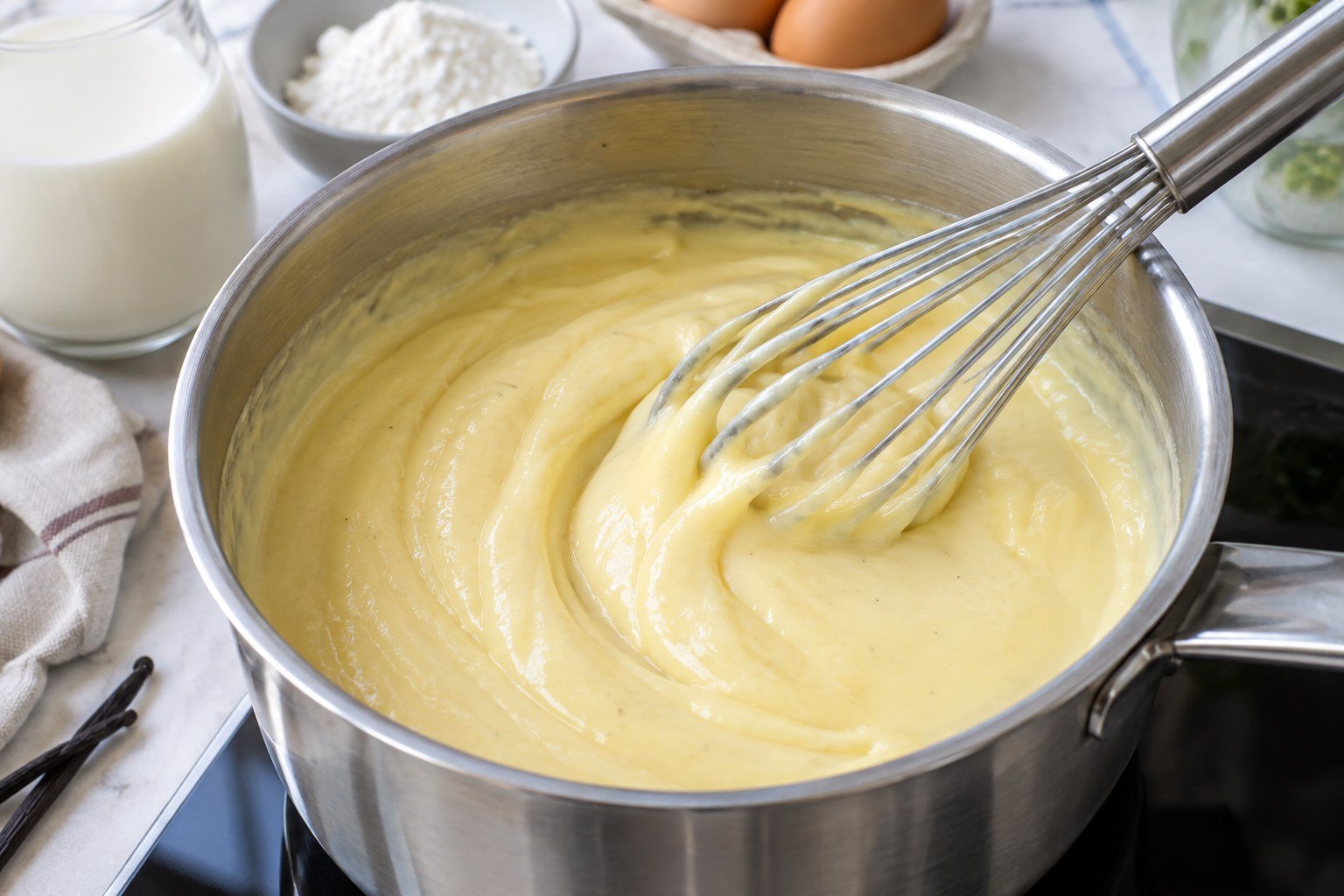 Crema pastelera de vainilla espesando en un cazo mientras se remueve con unas varillas