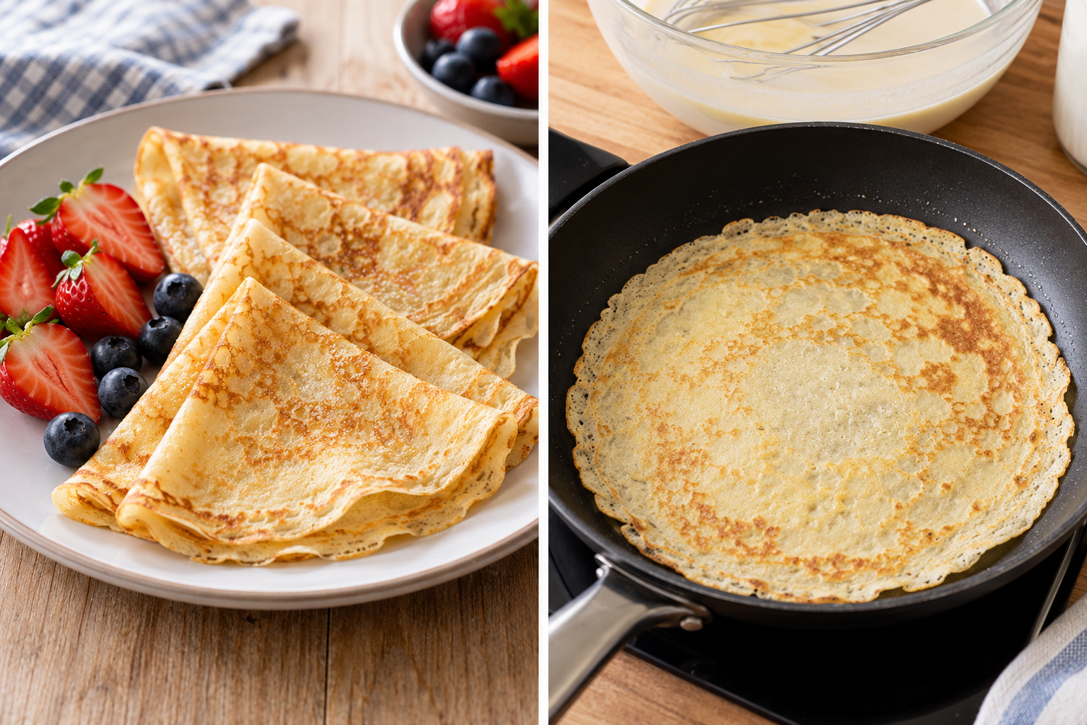 Crepes caseros listos para servir y un crepe dorándose en una sartén