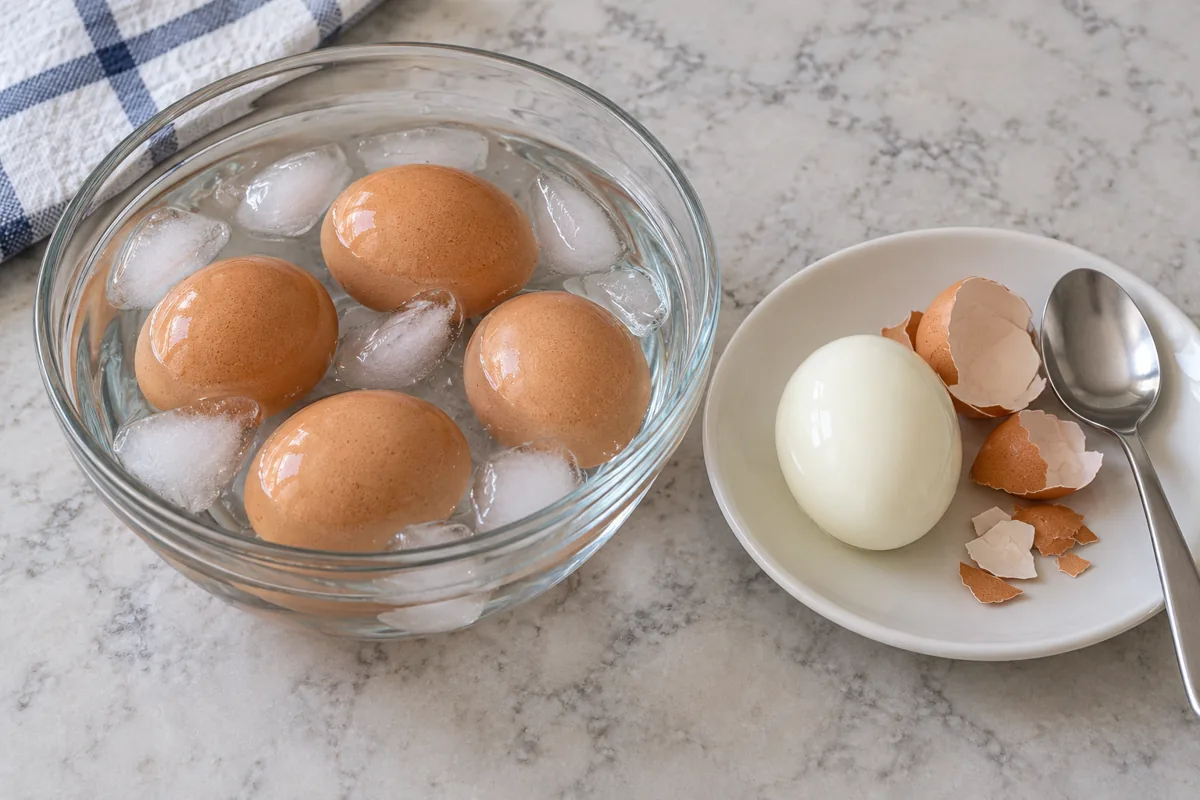 Huevos con cáscara en un cuenco con agua y hielo junto a un huevo pelado y trozos de cáscara.