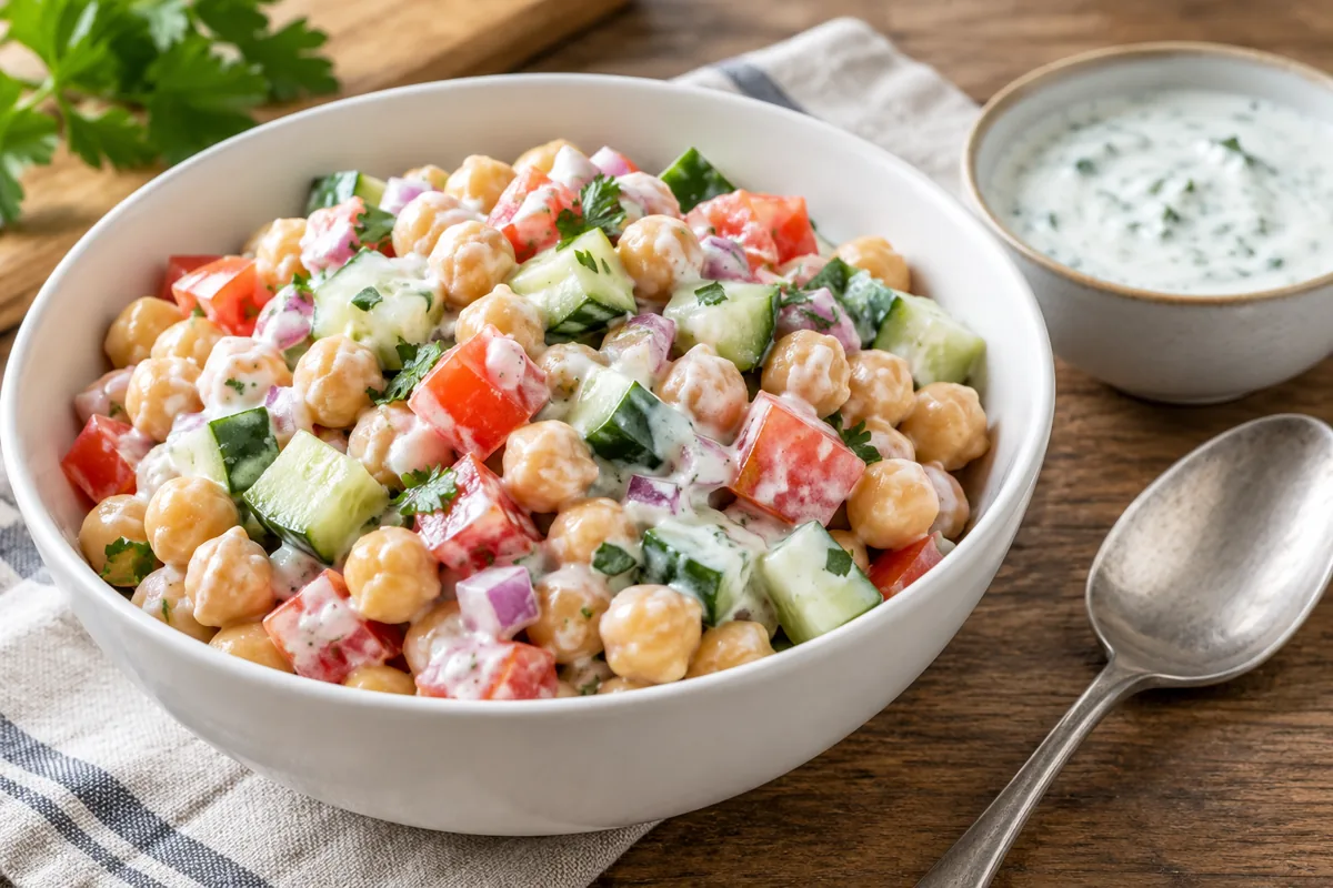 Ensalada de garbanzos, tomate, pepino y cebolla morada recubierta con salsa blanca de yogur y perejil.