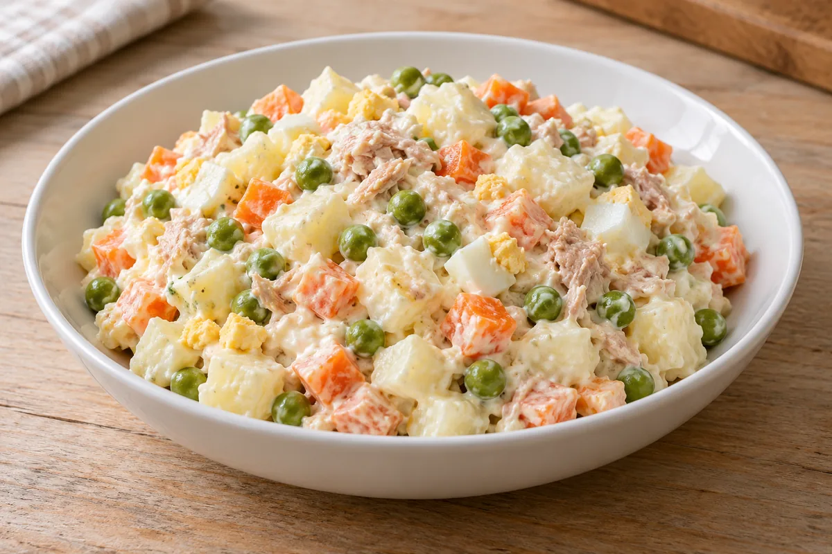 Ensaladilla rusa con patata, zanahoria, guisantes, atún y huevo cocido