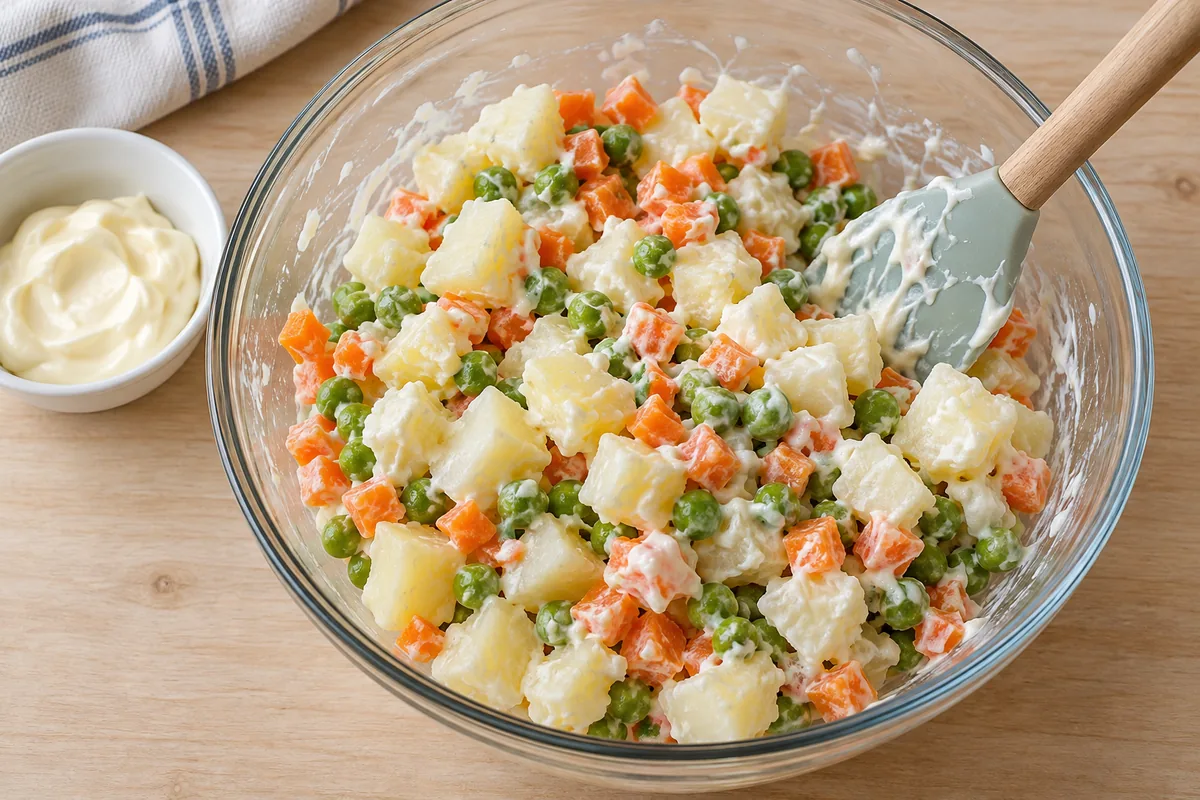 Verduras de ensalada rusa mezcladas suavemente con mayonesa