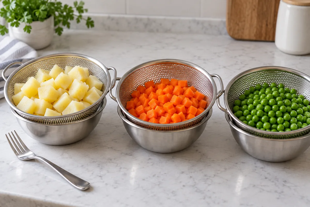 Patata, zanahoria y guisantes cocidos y escurridos por separado