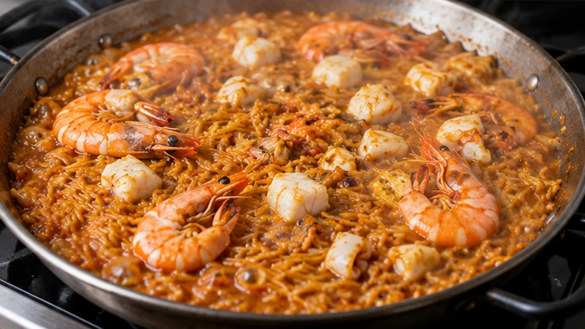 Fideuá de marisco terminando de cocerse en una paella con gambas y fideos