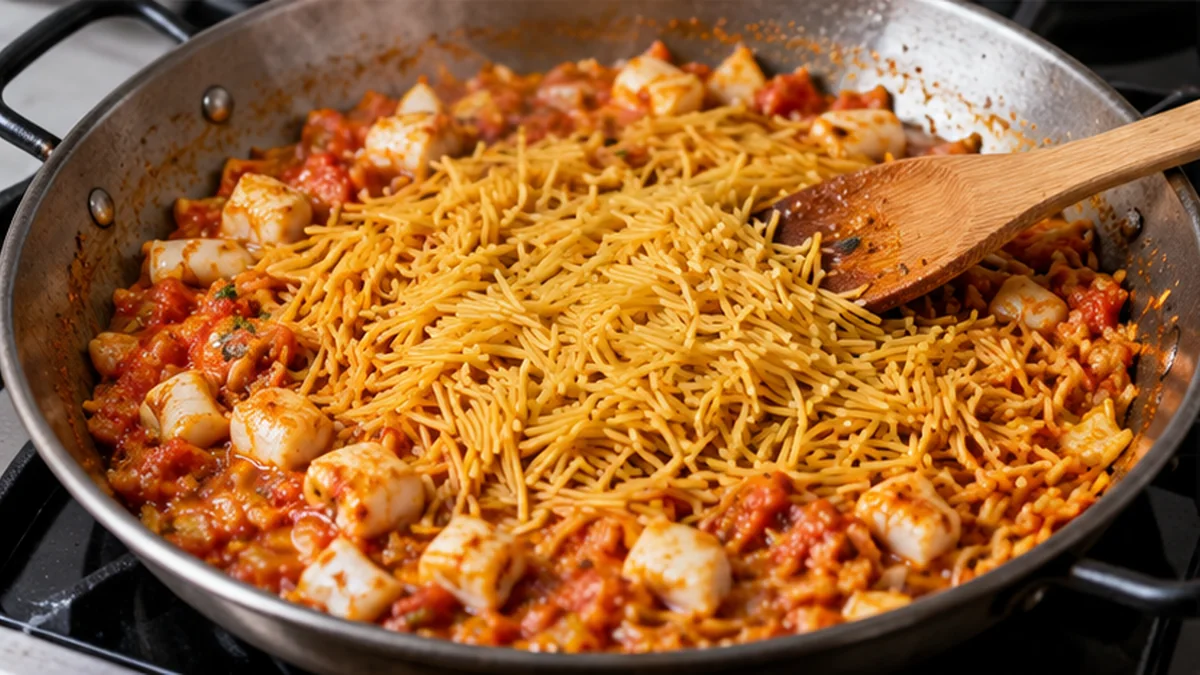 Fideos para fideuá rehogándose en la paella con sepia y sofrito de tomate