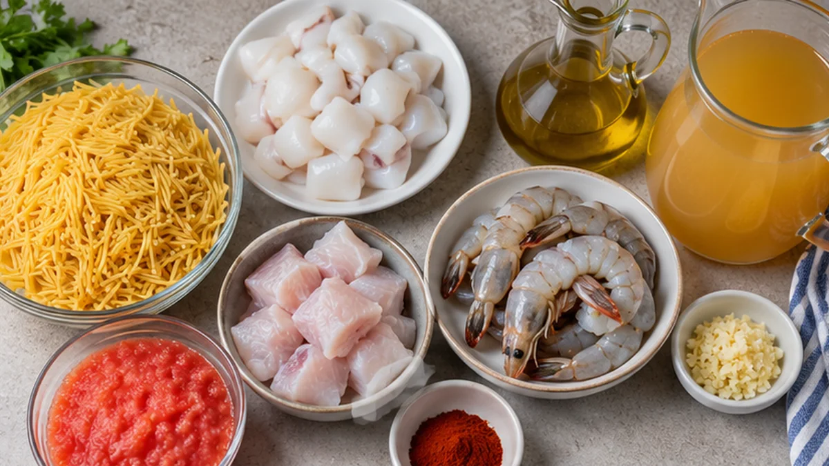 Ingredientes de fideuá con fideos número 3, sepia, rape, gambas, tomate, ajo y caldo de pescado