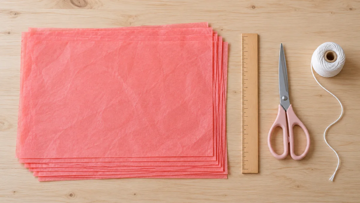 Papel de seda, tijeras, regla e hilo preparados para hacer una flor