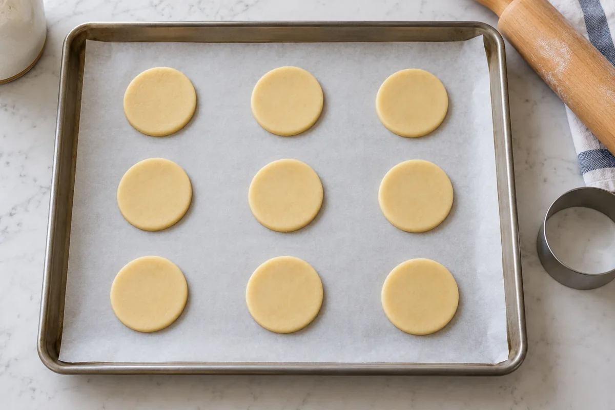 Nueve piezas de masa de galleta del mismo tamaño, separadas sobre papel de horno.