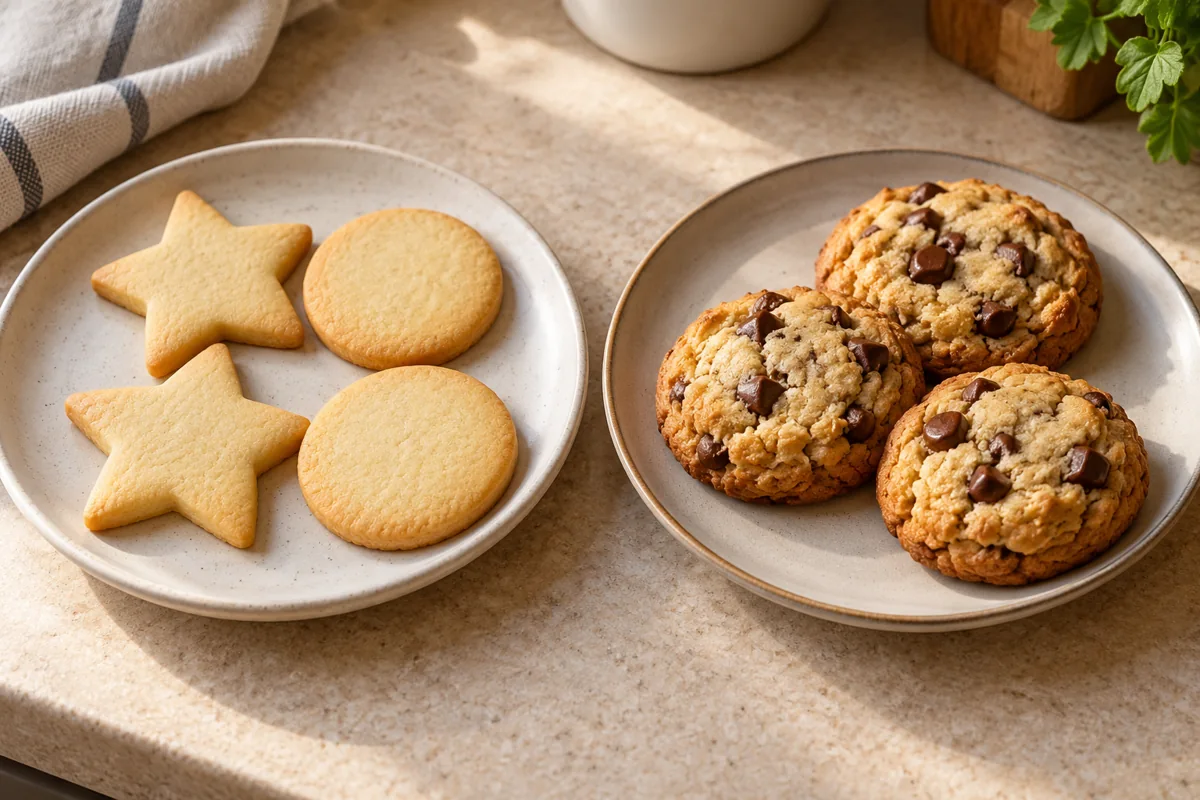 Galletas lisas para cortar y cookies con pepitas de chocolate, en dos platos separados.