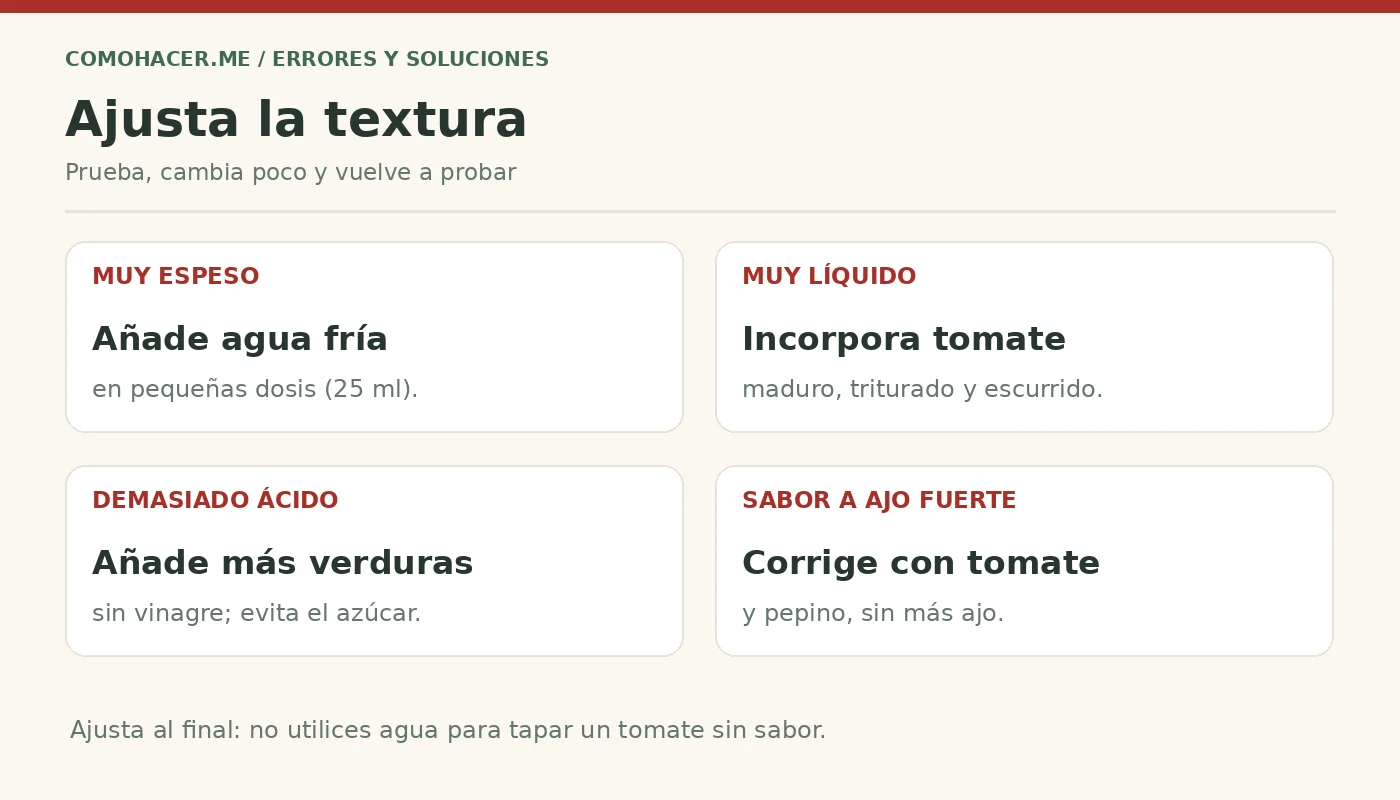 Guía visual para gazpacho espeso, líquido, ácido o con demasiado ajo
