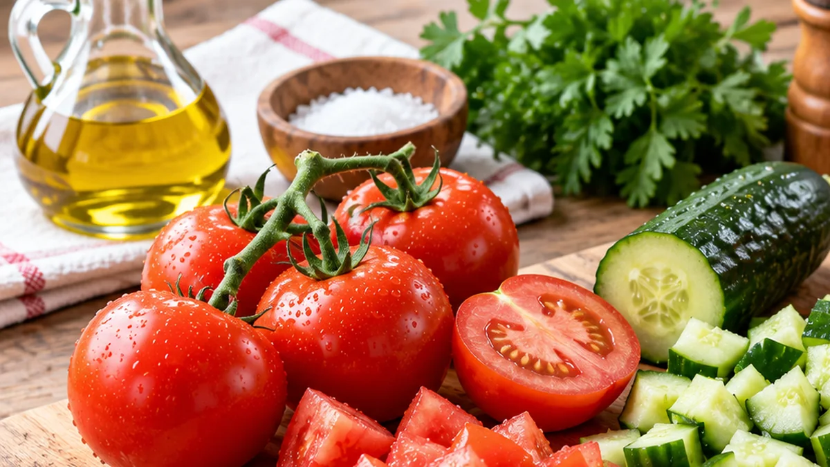 Tomates, pepino y aceite sobre una mesa de cocina