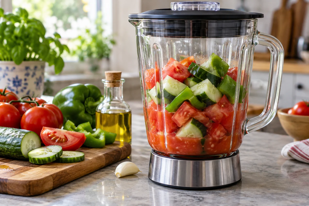 Tomate, pepino y pimiento troceados en el vaso de una batidora apagada