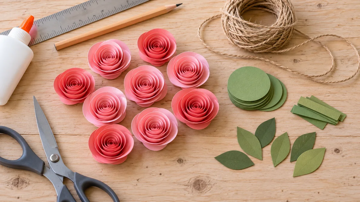 Rosas de papel, cordón, discos y tiras de cartulina para montar una guirnalda