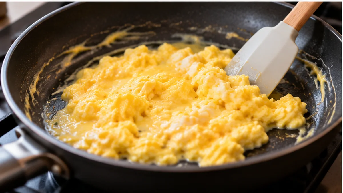 Huevos revueltos empezando a cuajar en una sartén antiadherente
