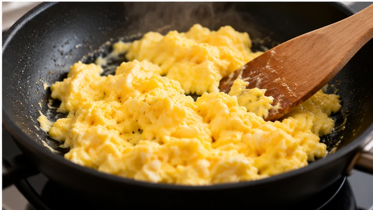 Huevos revueltos casi terminados en sartén con espátula