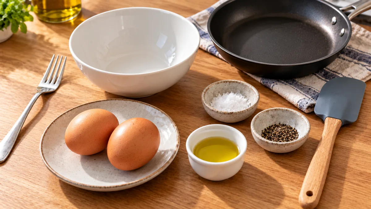 Dos huevos, aceite de oliva, sal y sartén para preparar huevos revueltos